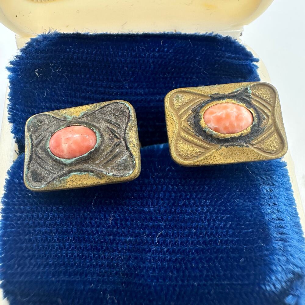 Antique Victorian Arts & Crafts gold tone peach art glass bean back cufflinks - Picture 1 of 8